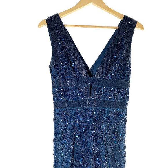Adrianna Papell Beaded V-Neck Long Gown Deep Blue Special Event Formal Size 0 - Picture 7 of 13